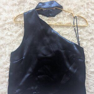 Olivaceous One-Shoulder Collared Tank — Navy, Silk-Blend, NWT (S)